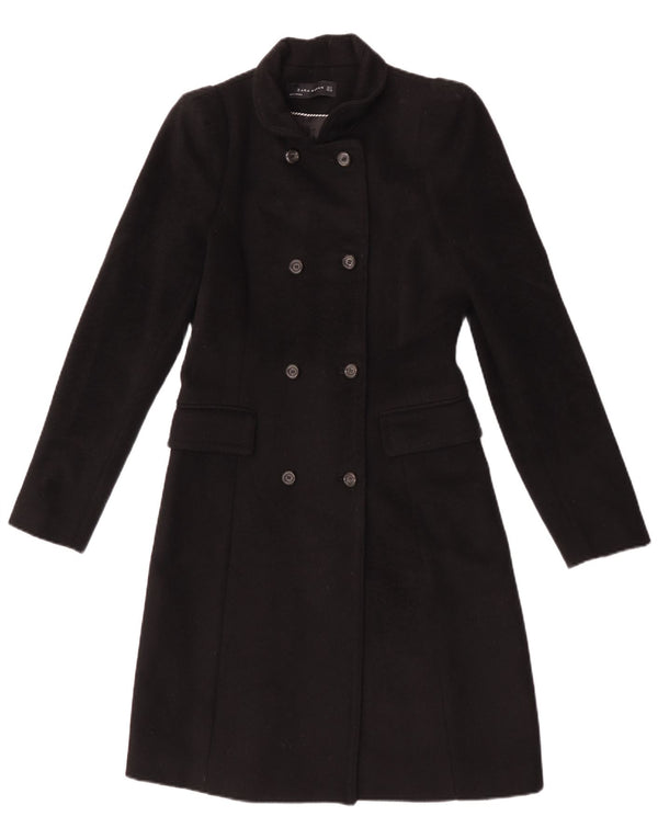 Zara Womens Double Breasted Coat UK 10 Small Black Wool