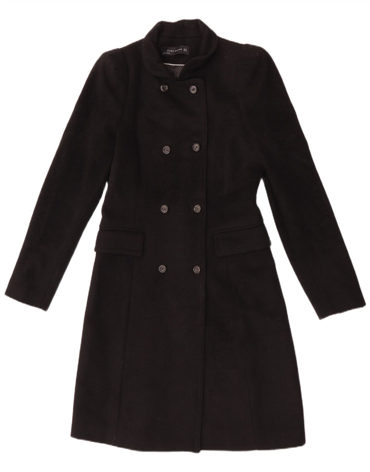 Zara Womens Double Breasted Coat UK 10 Small Black Wool
