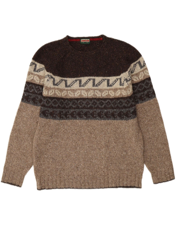 Invicta Mens Crew Neck Jumper Sweater Medium Brown Fair Isle Wool