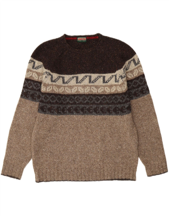 Invicta Mens Crew Neck Jumper Sweater Medium Brown Fair Isle Wool