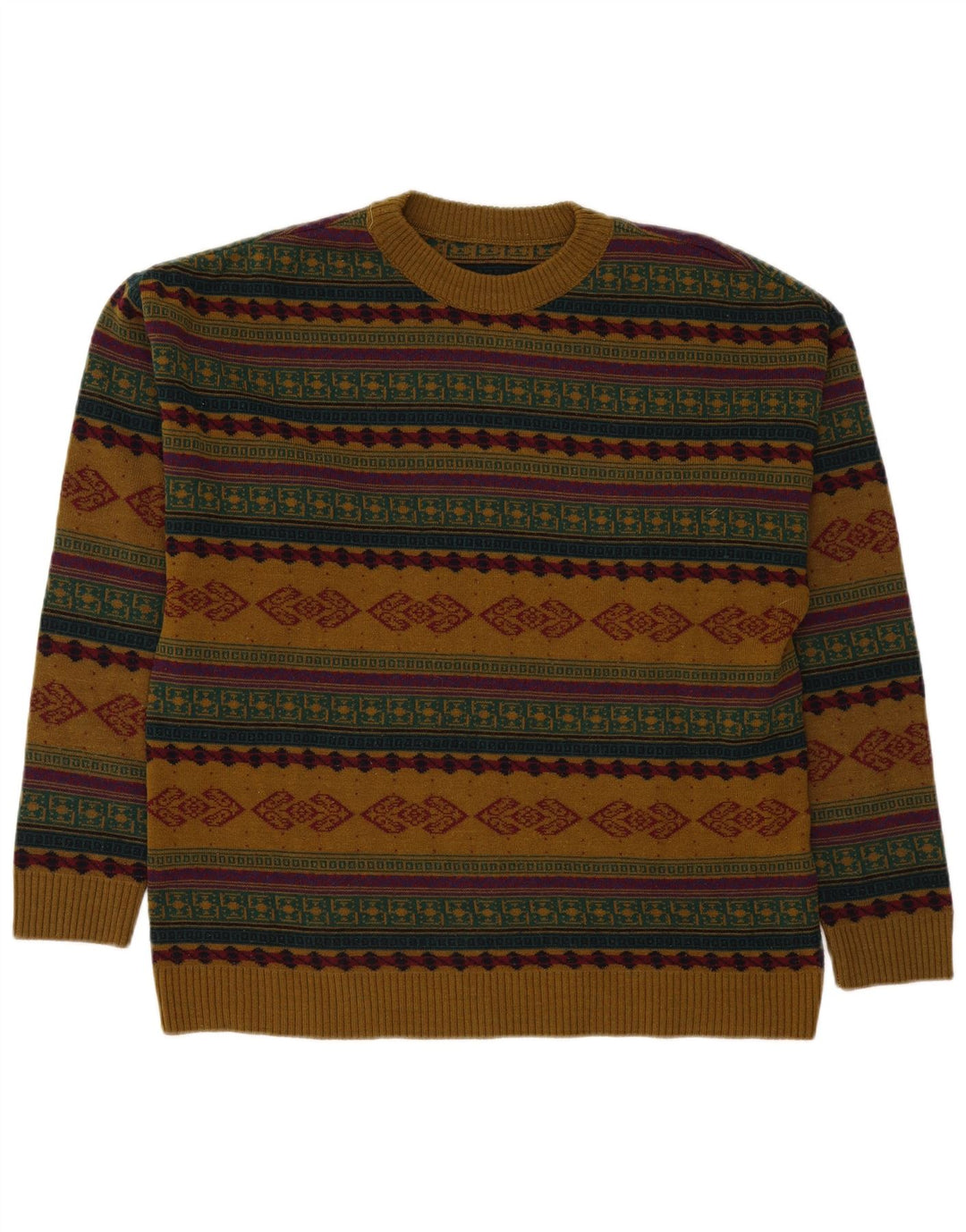 Vintage Mens Crew Neck Jumper Sweater Large Brown Fair Isle Polyacrylic
