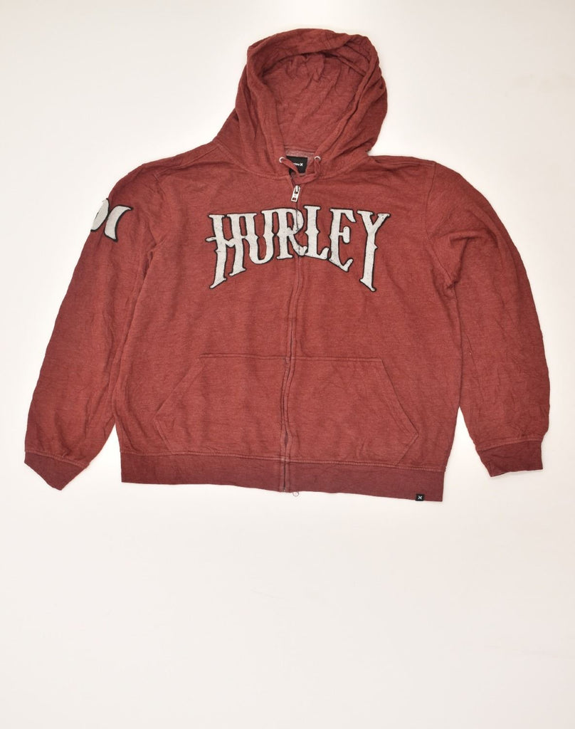 HURLEY Womens Graphic Zip Hoodie Sweater UK 16 Large Burgundy Cotton | Vintage Hurley | Thrift | Second-Hand Hurley | Used Clothing | Messina Hembry 