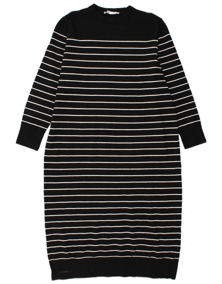 ZARA Womens Long Sleeve Jumper Dress UK 18 XL Black Striped Viscose