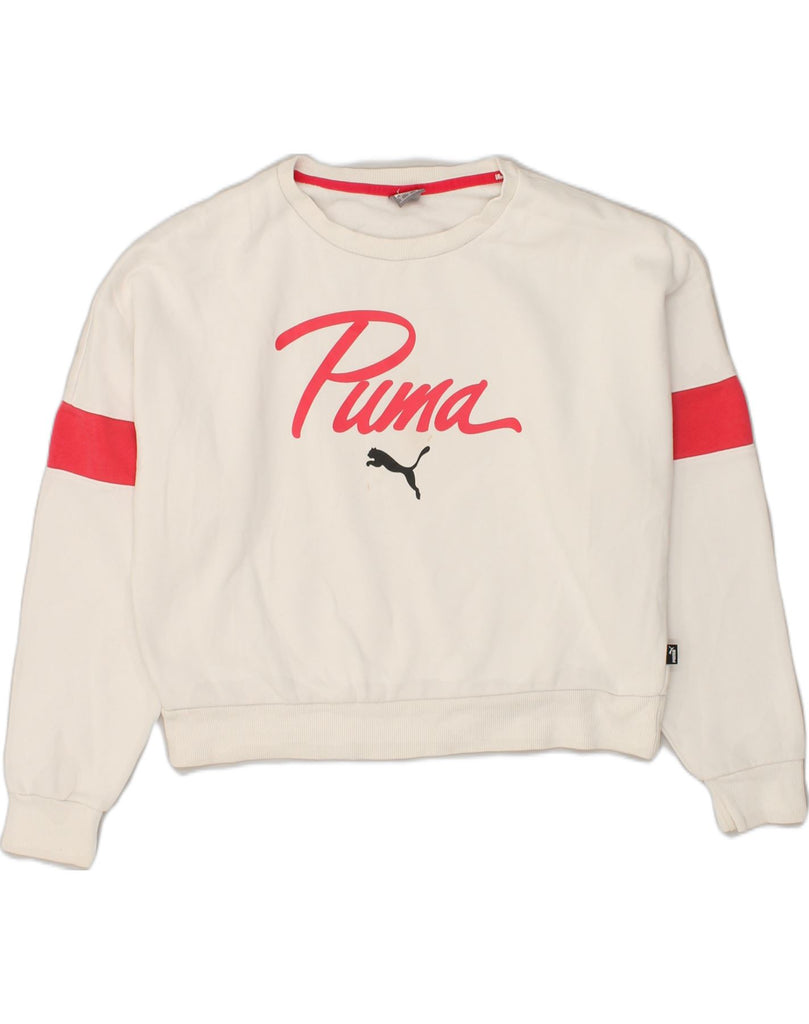 PUMA Womens Oversized Crop Sweatshirt Jumper UK 14 Medium White | Vintage Puma | Thrift | Second-Hand Puma | Used Clothing | Messina Hembry 