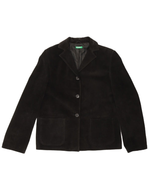 BENETTON Womens 3 Button Suede Blazer Jacket IT 44 Medium Black Leather