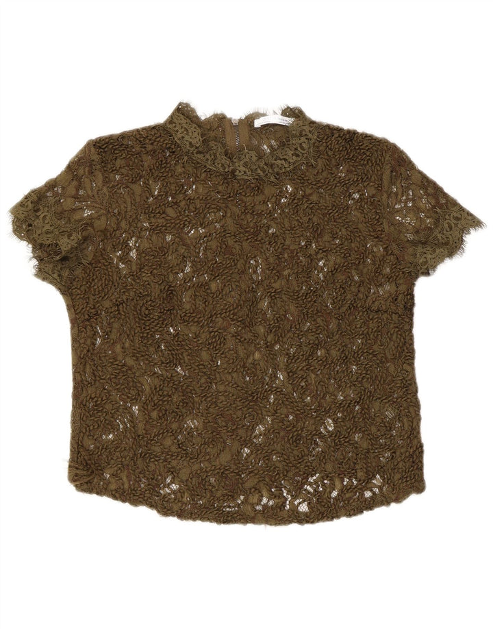 Zara Womens Lace See Through Blouse Top UK 8 Small Khaki