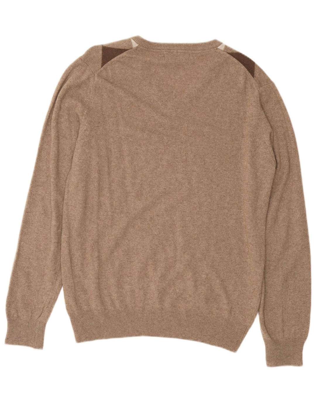 CONSENSO Mens V-Neck Jumper Sweater Medium Brown Argyle/Diamond Wool