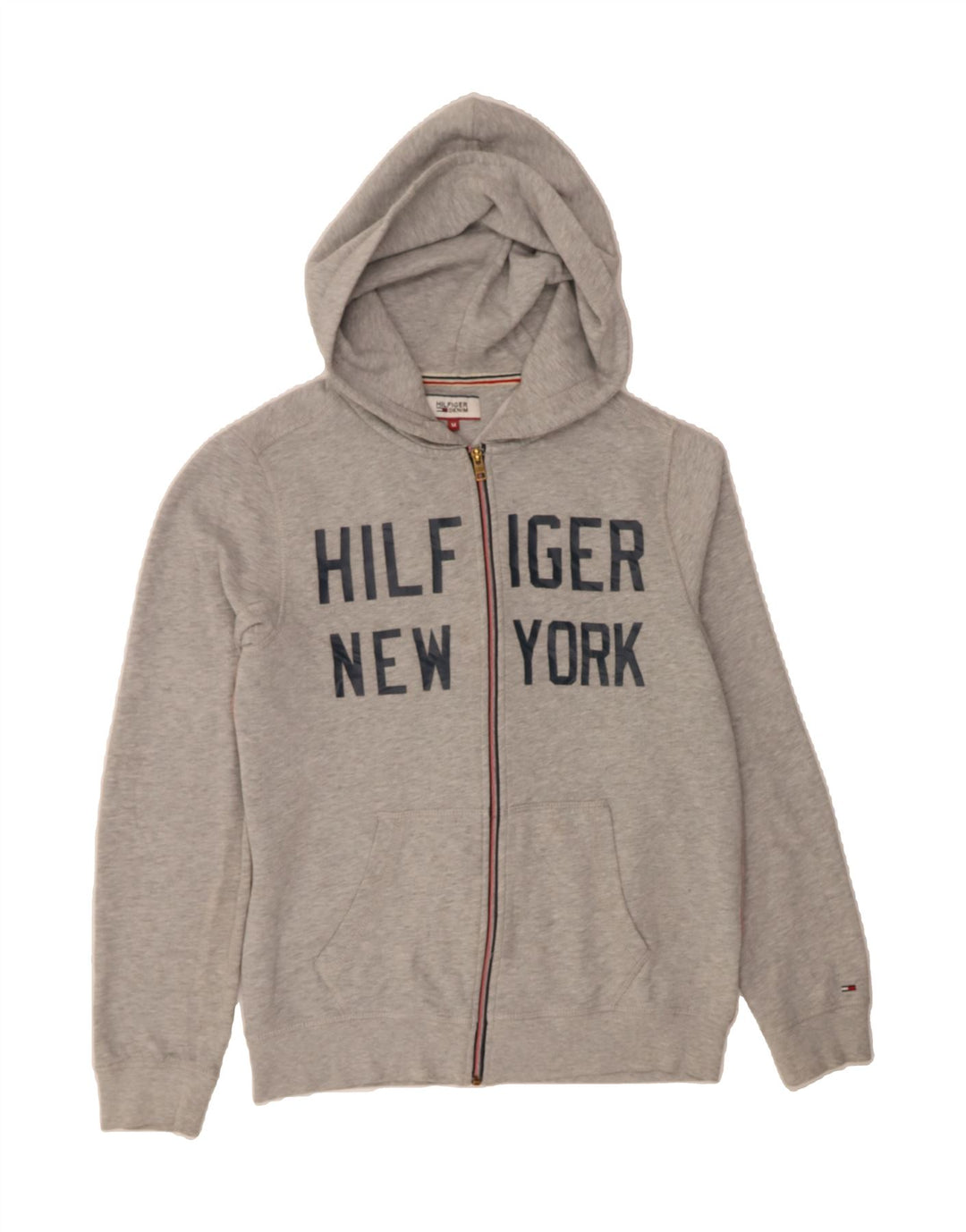 TOMMY HILFIGER Mens Graphic Zip Hoodie Sweater Medium Grey Cotton Vintage Tommy Hilfiger and Second-Hand Tommy Hilfiger from Messina Hembry 