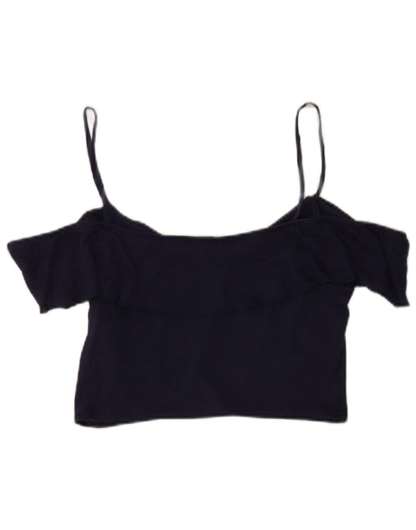 Benetton Womens Crop Off Shoulder Top UK 14 Large Navy Blue Lyocell