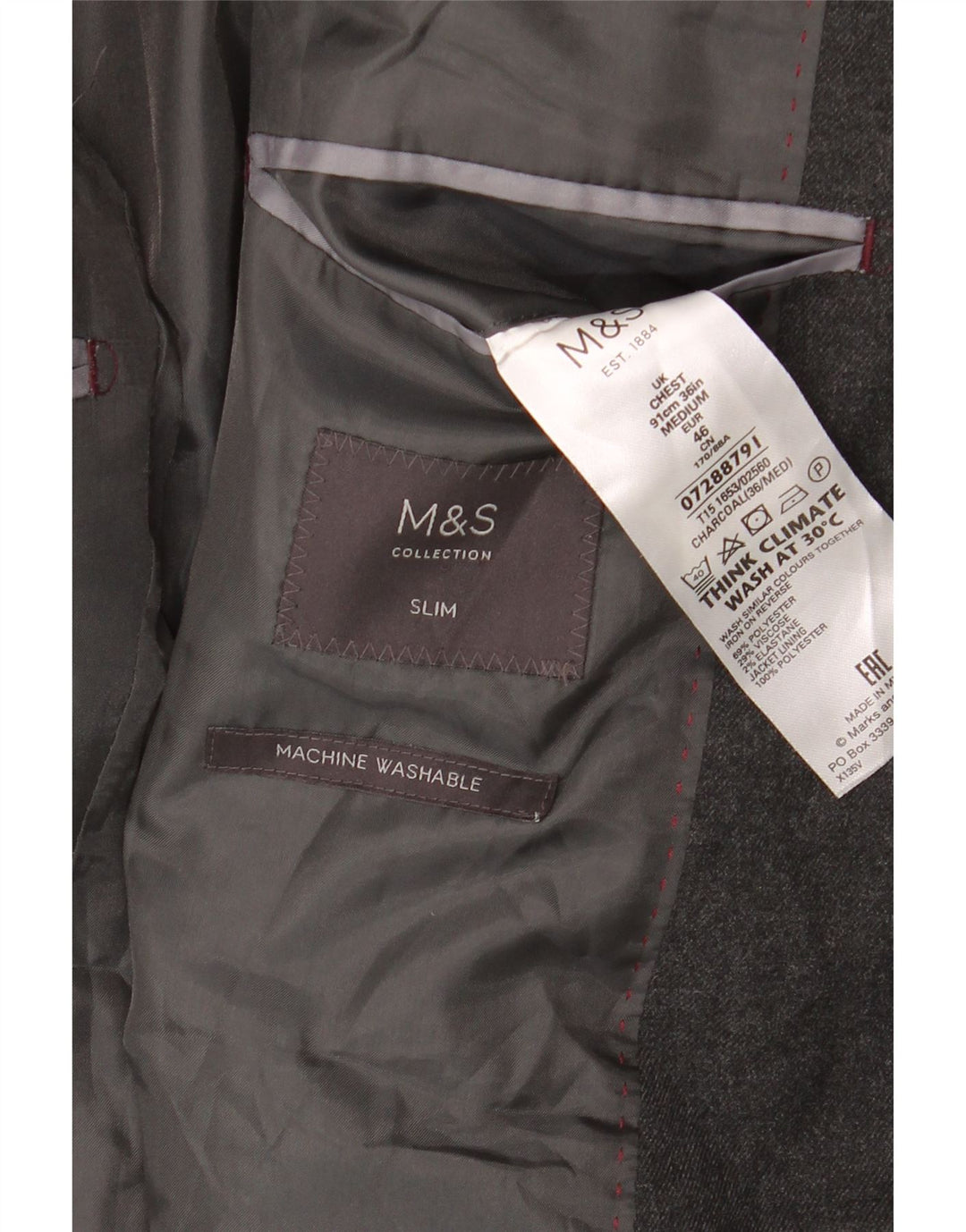 MARKS & SPENCER Mens 2 Button Slim Blazer Jacket EU 46 Small Grey Vintage Marks & Spencer and Second-Hand Marks & Spencer from Messina Hembry 