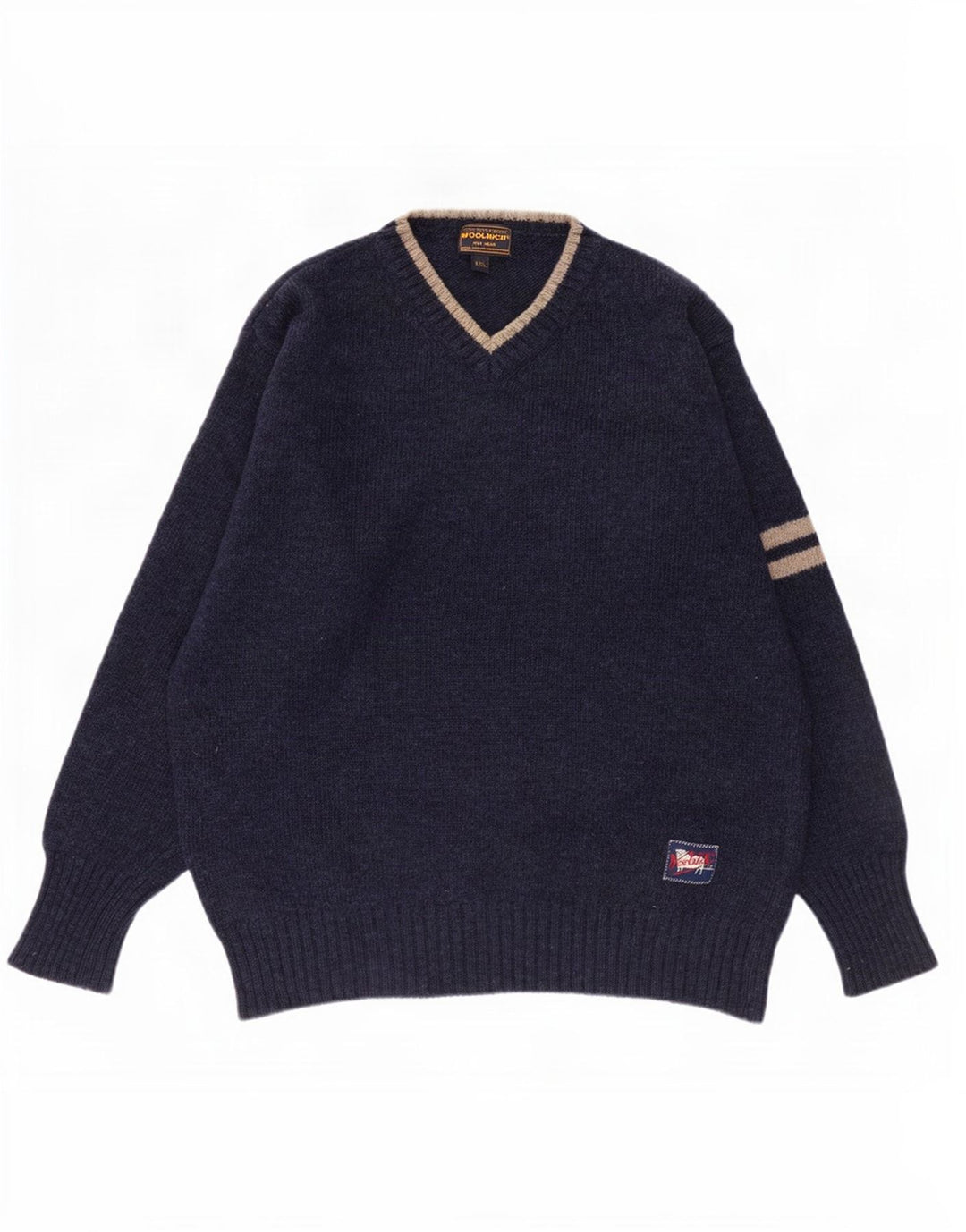 Woolrich Mens V-Neck Jumper Sweater 2XL Navy Blue Striped Wool