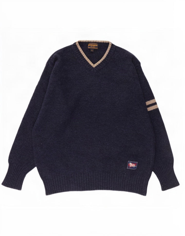 Woolrich Mens V-Neck Jumper Sweater 2XL Navy Blue Striped Wool