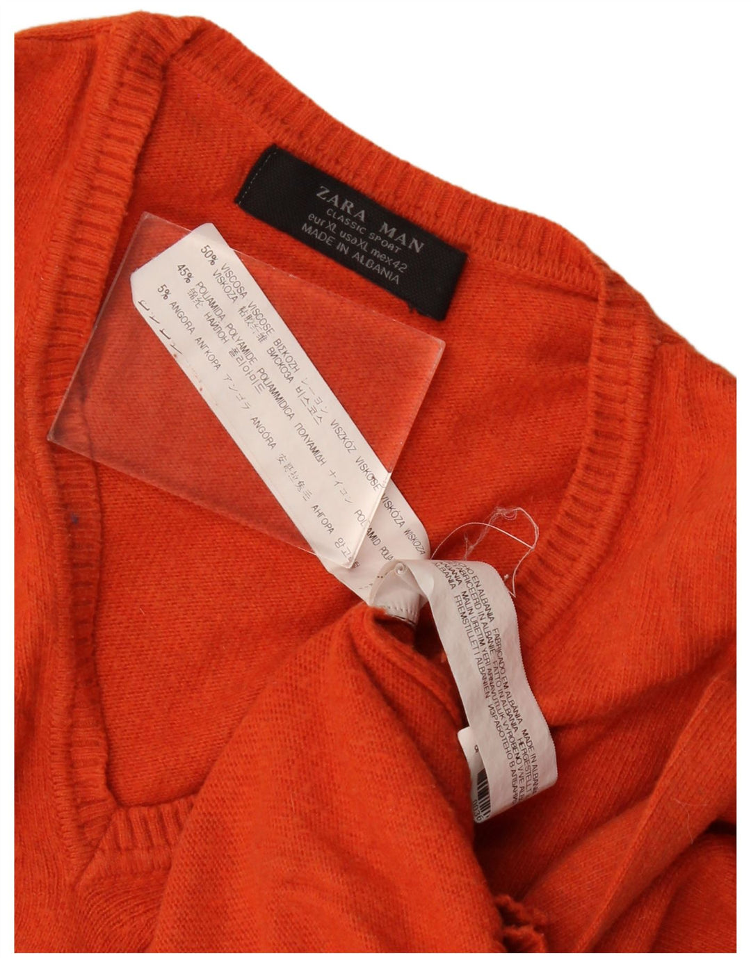 Zara Mens V-Neck Jumper Sweater XL Orange Viscose
