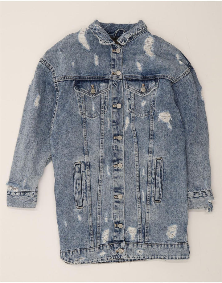 Zara Womens Oversized Distressed Sherpa Denim Coat UK 10 Small Blue