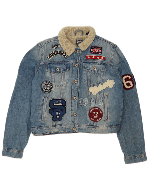 Superdry Womens Crop Graphic Denim Sherpa Jacket UK 16 Large Blue Cotton