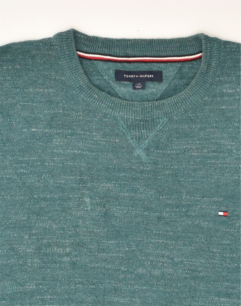 TOMMY HILFIGER Mens Crew Neck Jumper Sweater Large Turquoise Cotton | Vintage Tommy Hilfiger | Thrift | Second-Hand Tommy Hilfiger | Used Clothing | Messina Hembry 