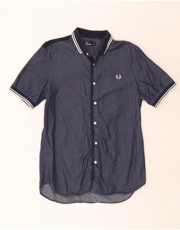 Fred Perry Mens Short Sleeve Shirt Medium Navy Blue Striped Cotton