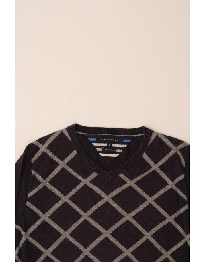 TOMMY HILFIGER Mens V-Neck Jumper Sweater Medium Navy Blue Argyle/Diamond Vintage Tommy Hilfiger and Second-Hand Tommy Hilfiger from Messina Hembry 