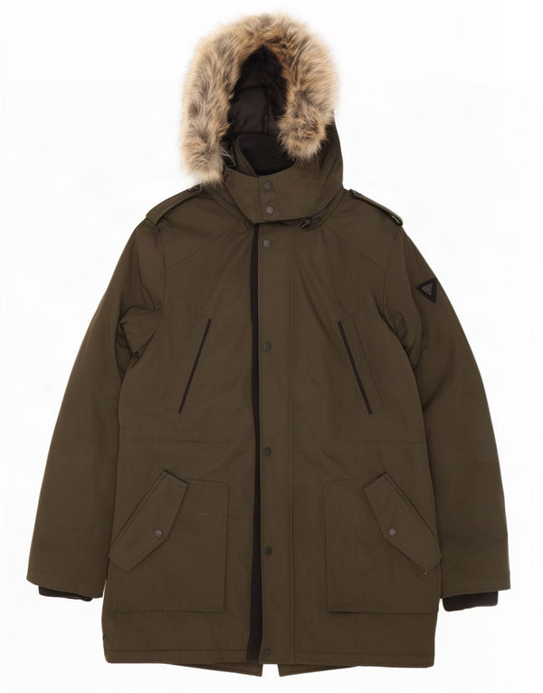Guess Mens Military Hooded Parka Jacket UK 40 Large Khaki Polyester