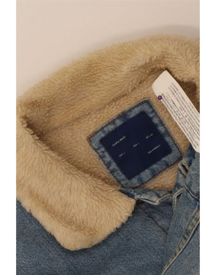 Zara Mens Sherpa Denim Jacket UK 40 Large Blue Cotton