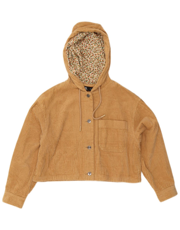 Zara Womens Crop Hooded Oversized Corduroy Jacket UK 10 Small Beige Cotton