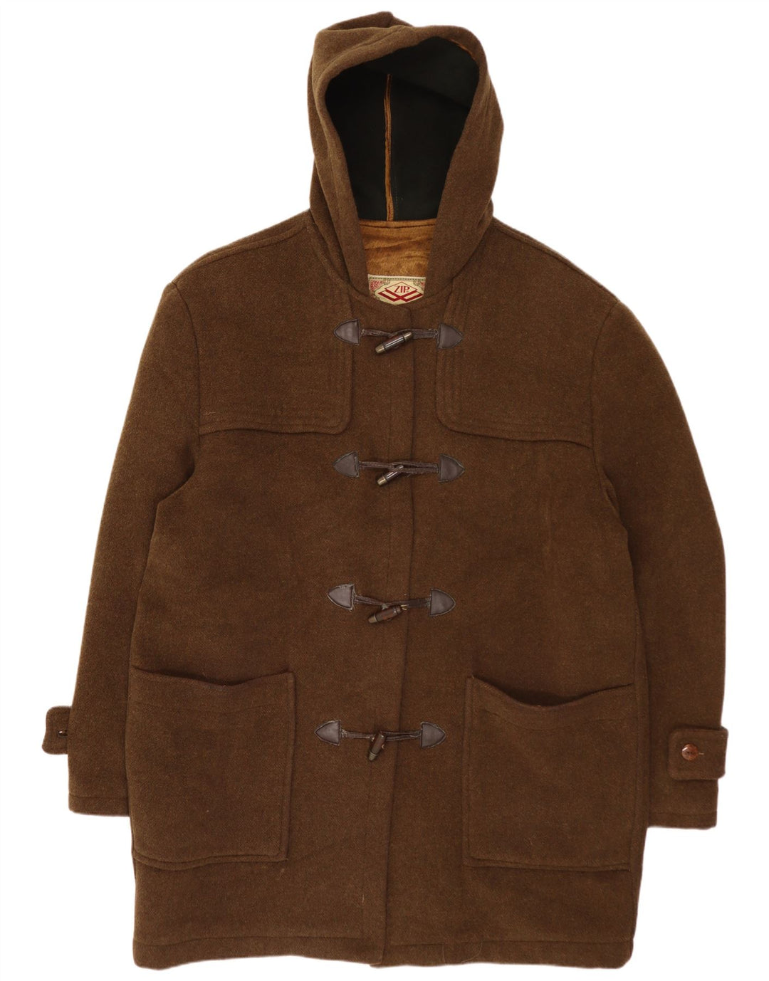 Zip Womens Hooded Duffle Coat UK 20 2XL Khaki Wool