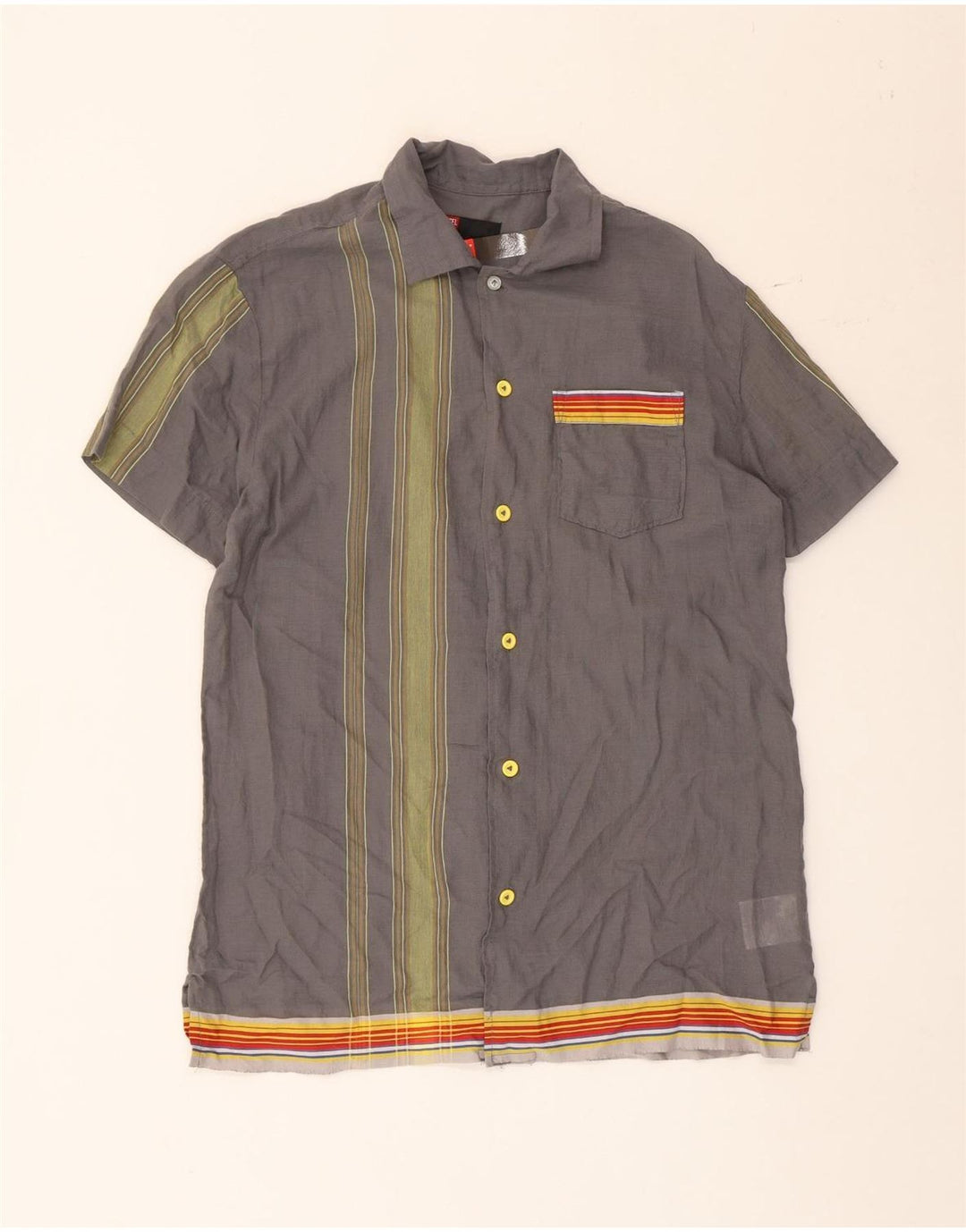 Diesel Mens Short Sleeve Shirt Medium Grey Striped Cotton