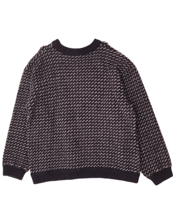 Vintage Mens Crew Neck Jumper Sweater Large Navy Blue Geometric