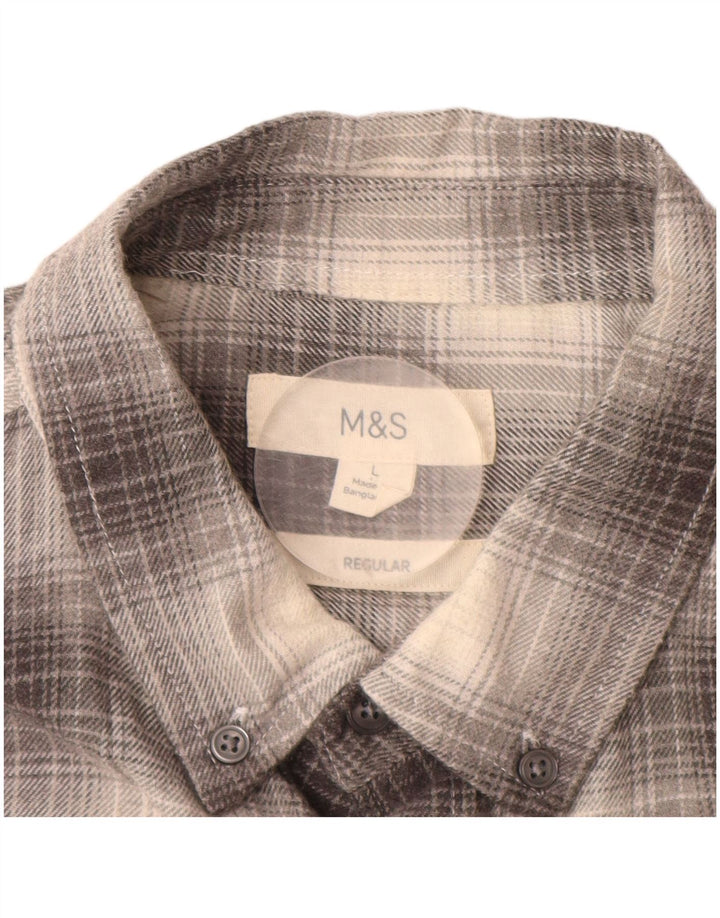 MARKS & SPENCER Mens Regular Fit Flannel Shirt Large Grey Check Cotton