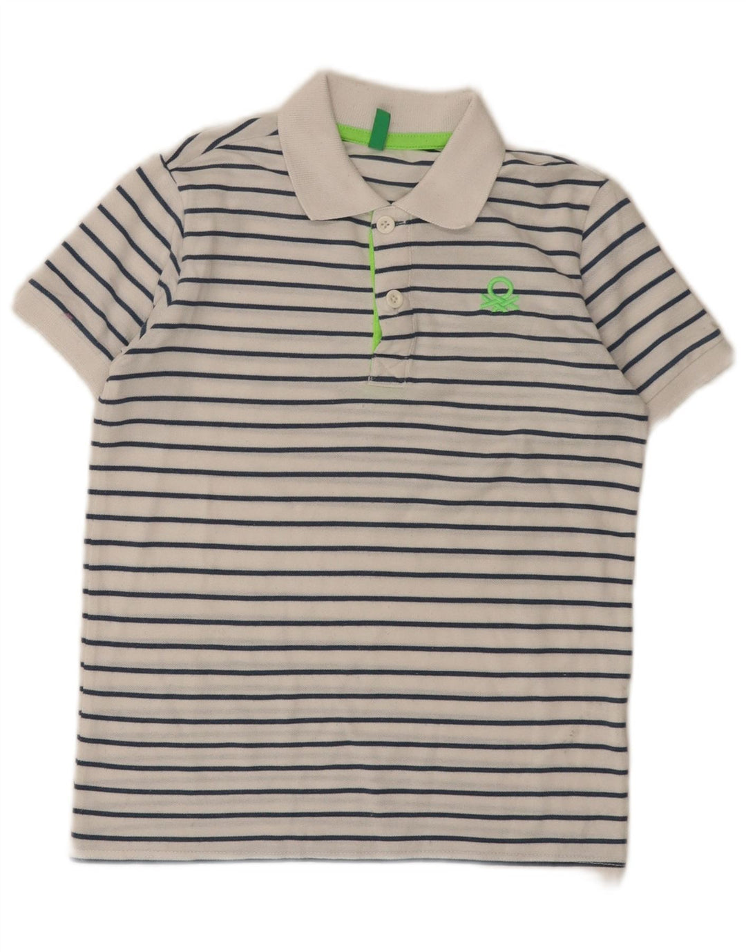 Benetton Boys Polo Shirt 8-9 Years Large White Striped Polyester