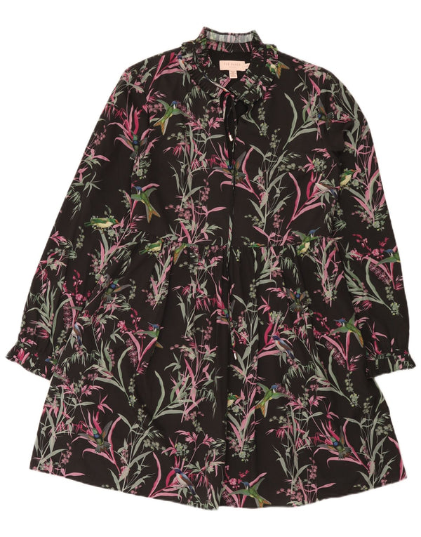 Ted Baker Womens Long Sleeve Tiered Dress Size 1 XS Black Floral Bohemian