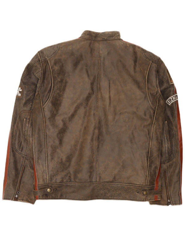 Sizma Mode Mens Graphic Leather Racer Jacket UK 42 XL Brown Colourblock
