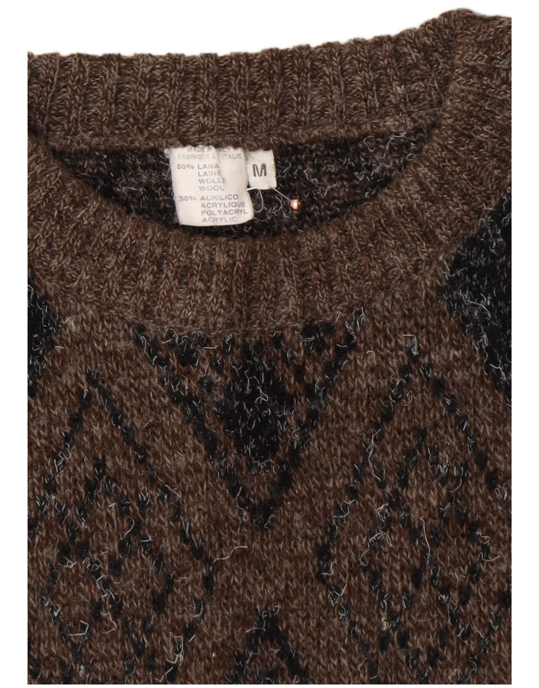 VINTAGE Mens Crew Neck Jumper Sweater Medium Brown Argyle/Diamond Wool