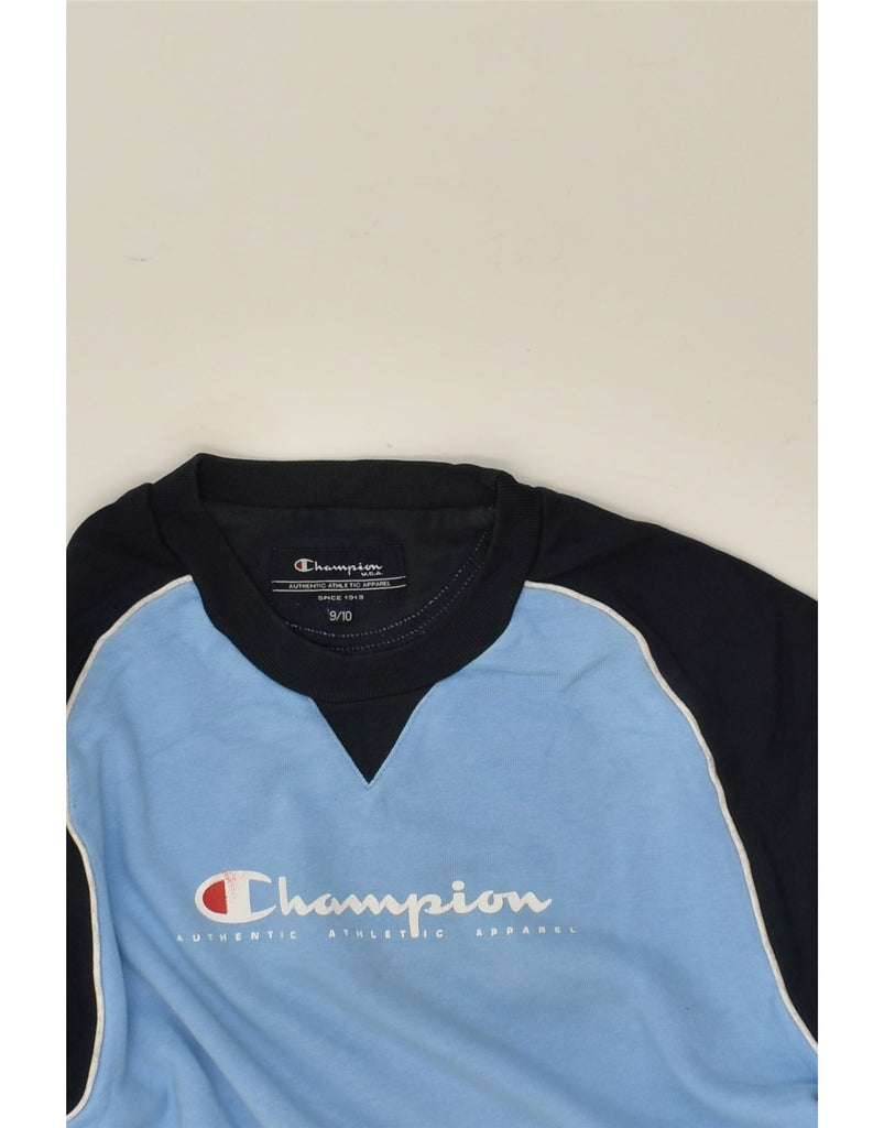 CHAMPION Boys Graphic Sweatshirt Jumper 9-10 Years Blue Colourblock Cotton | Vintage Champion | Thrift | Second-Hand Champion | Used Clothing | Messina Hembry 