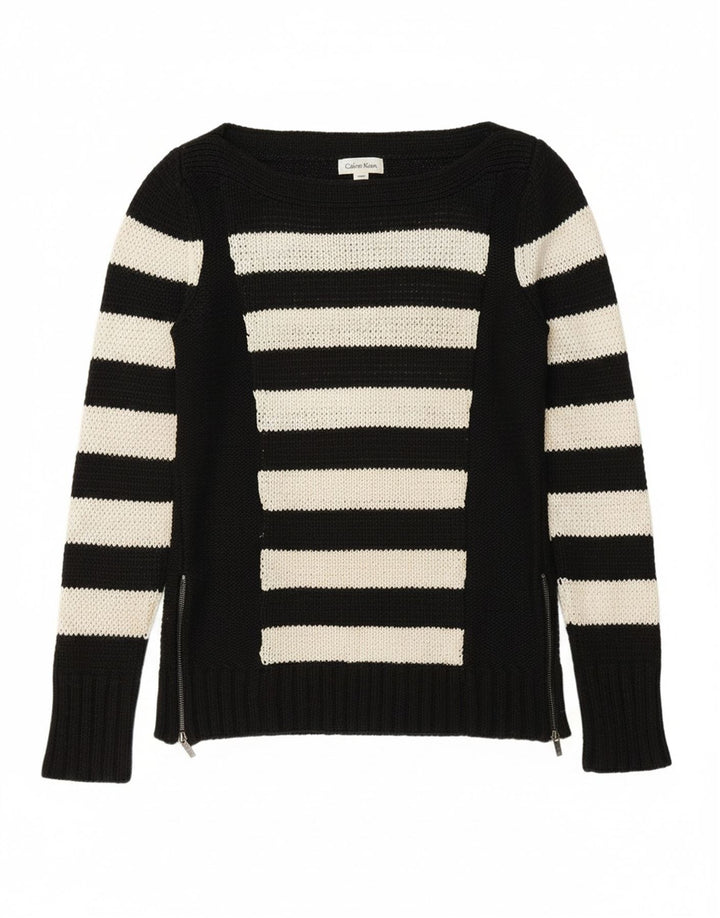 CALVIN KLEIN Womens Boat Neck Jumper Sweater UK 10 Small Black Striped