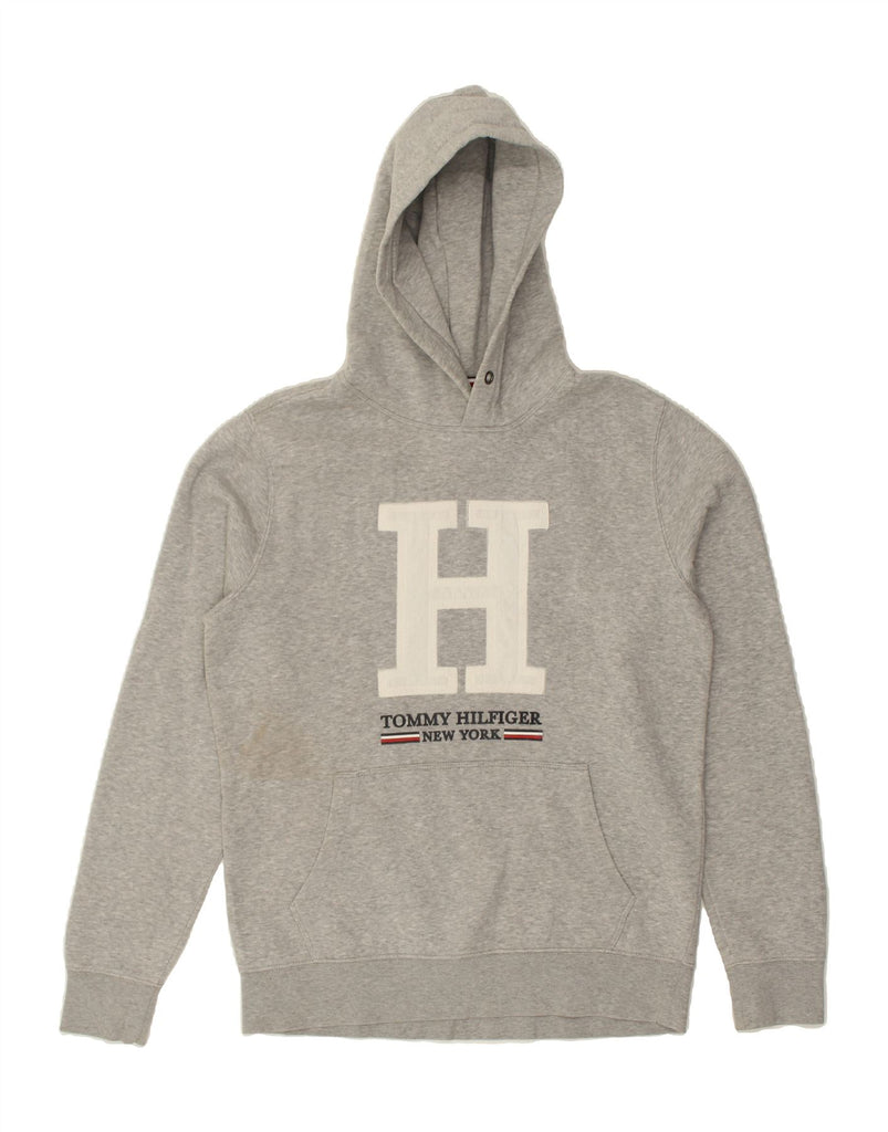 TOMMY HILFIGER Mens Graphic Hoodie Jumper Large Grey Cotton | Vintage Tommy Hilfiger | Thrift | Second-Hand Tommy Hilfiger | Used Clothing | Messina Hembry 