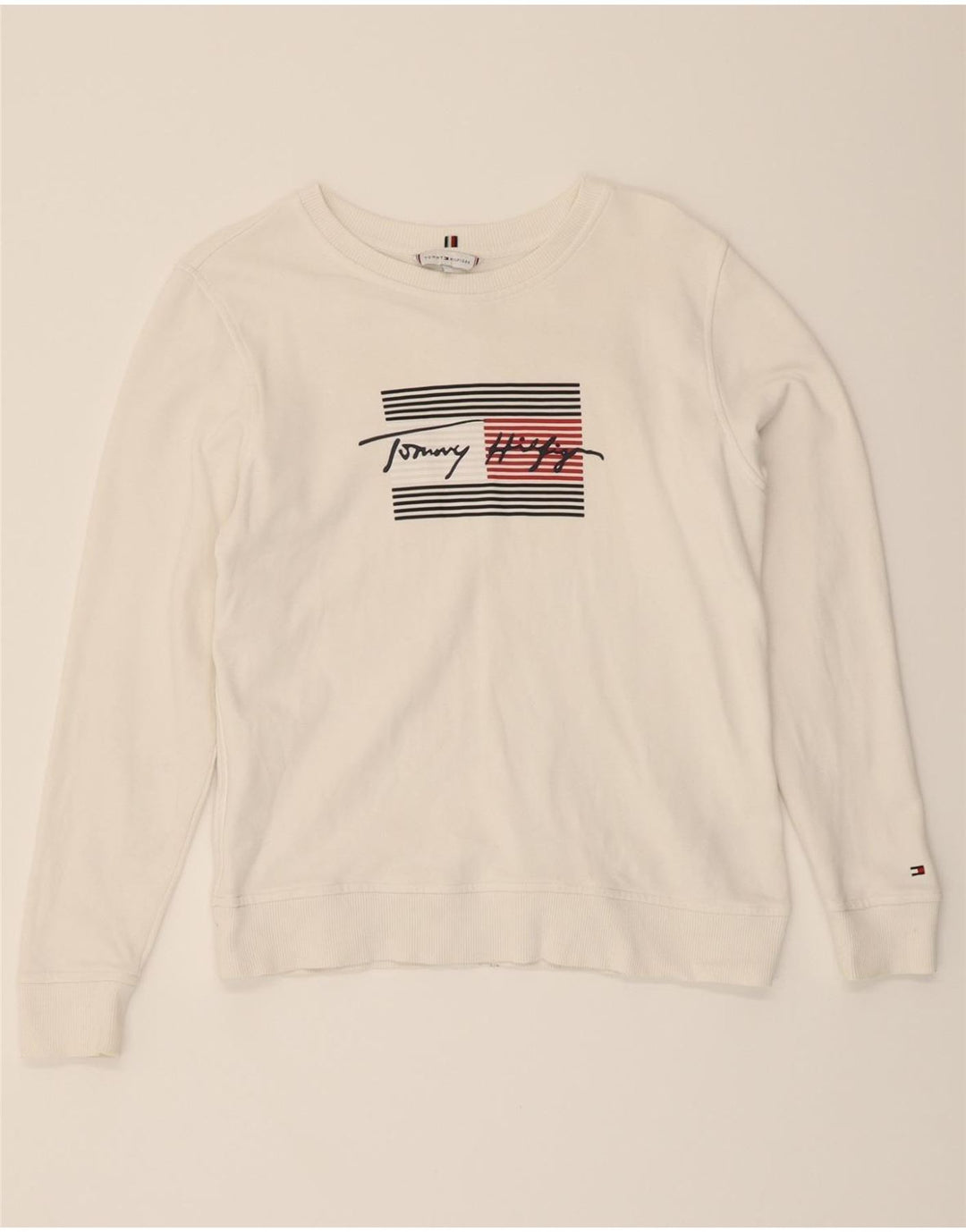 TOMMY HILFIGER Mens Graphic Sweatshirt Jumper XS White Cotton Vintage Tommy Hilfiger and Second-Hand Tommy Hilfiger from Messina Hembry 