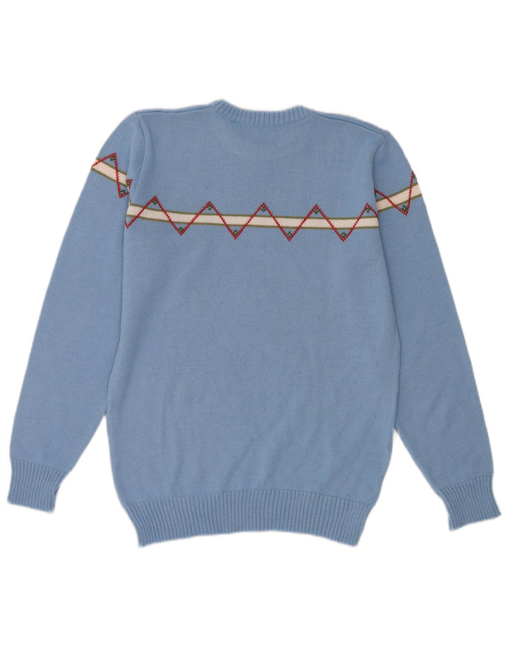 Vintage Mens Crew Neck Jumper Sweater Small Blue Geometric Wool
