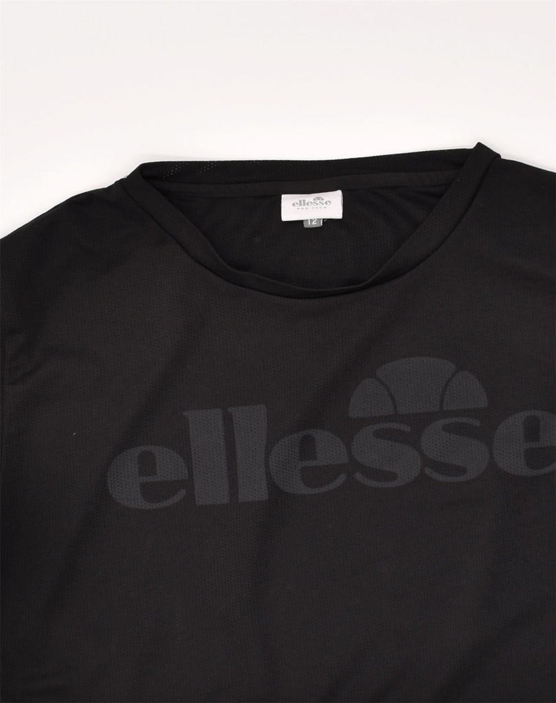 ELLESSE Womens Graphic Crop Top UK 12 Medium  Black Polyester | Vintage Ellesse | Thrift | Second-Hand Ellesse | Used Clothing | Messina Hembry 