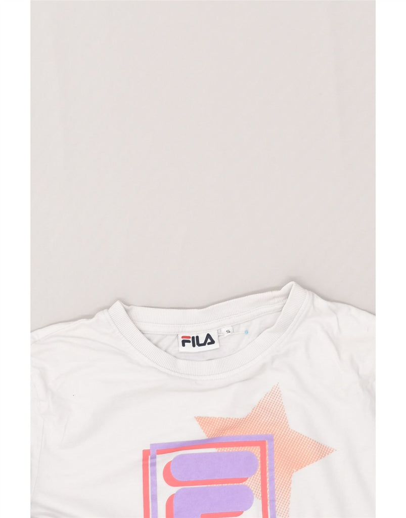 FILA Womens Graphic T-Shirt Top UK 10 Small White Cotton | Vintage Fila | Thrift | Second-Hand Fila | Used Clothing | Messina Hembry 