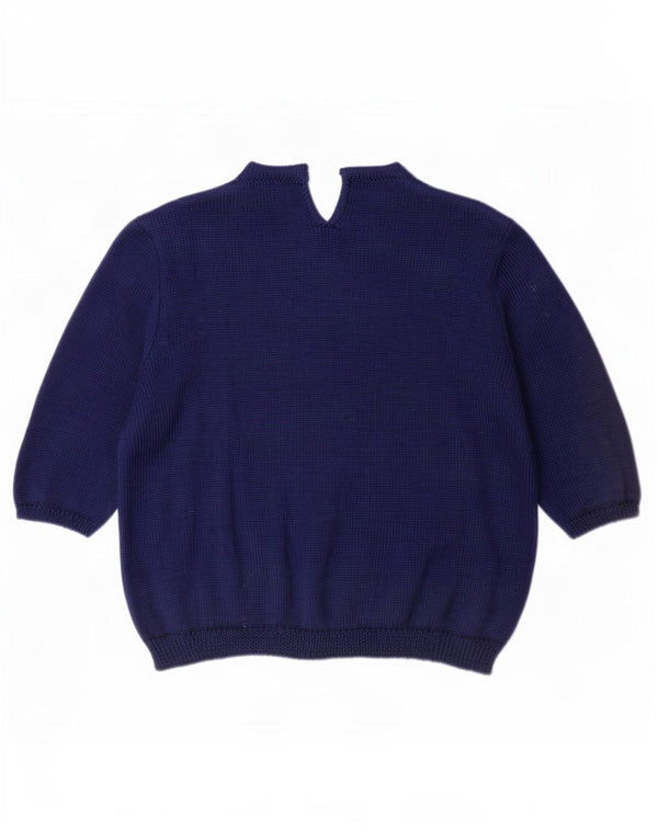 Vintage Womens 3/4 Sleeve Crew Neck Jumper Sweater UK 16 Large Navy Blue