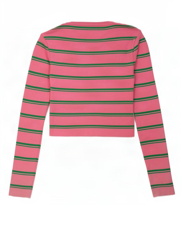 Zara Womens Crop Top Long Sleeve UK 14 Large Pink Striped Polyamide