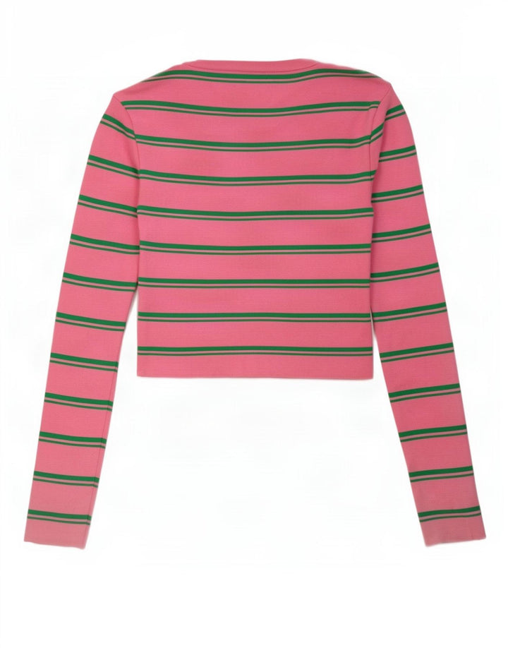 Zara Womens Crop Top Long Sleeve UK 14 Large Pink Striped Polyamide