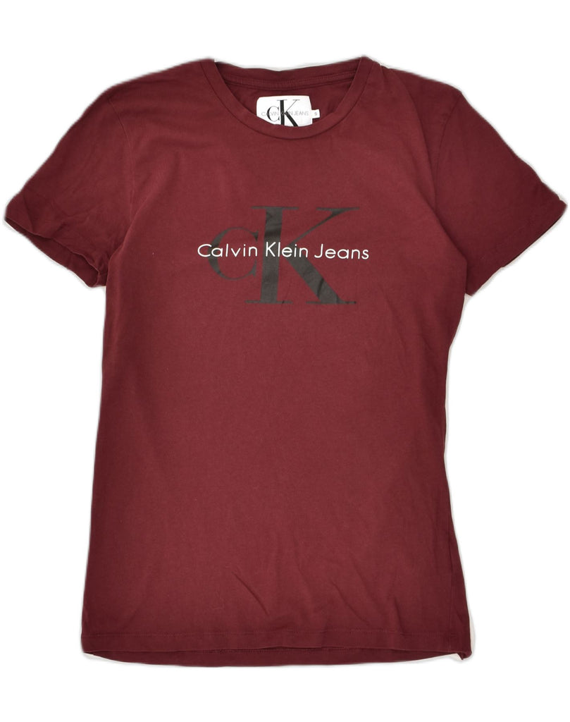 CALVIN KLEIN Womens Graphic T-Shirt Top UK 10 Small Maroon Cotton | Vintage Calvin Klein | Thrift | Second-Hand Calvin Klein | Used Clothing | Messina Hembry 