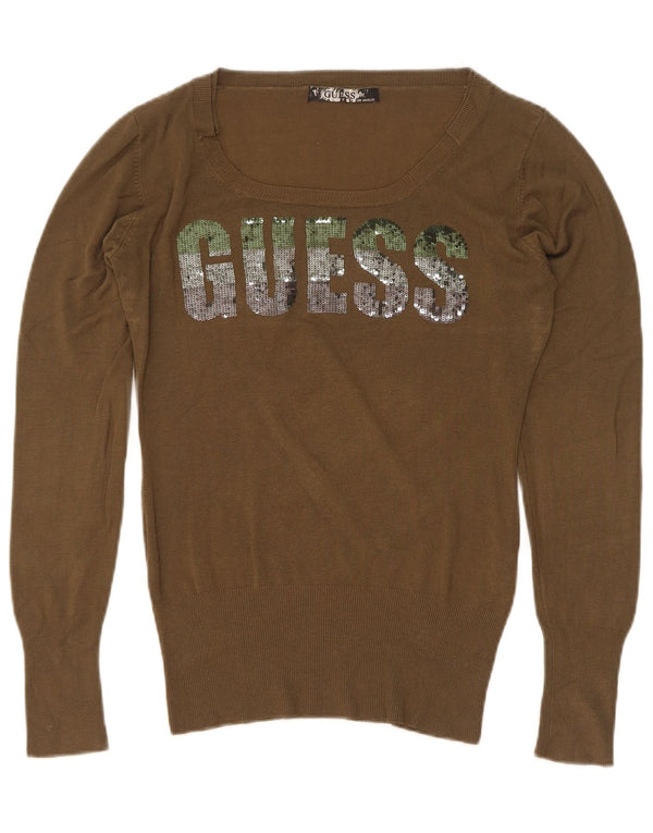 Guess Womens Graphic Boat Neck Jumper Sweater UK 14 Large Khaki Viscose