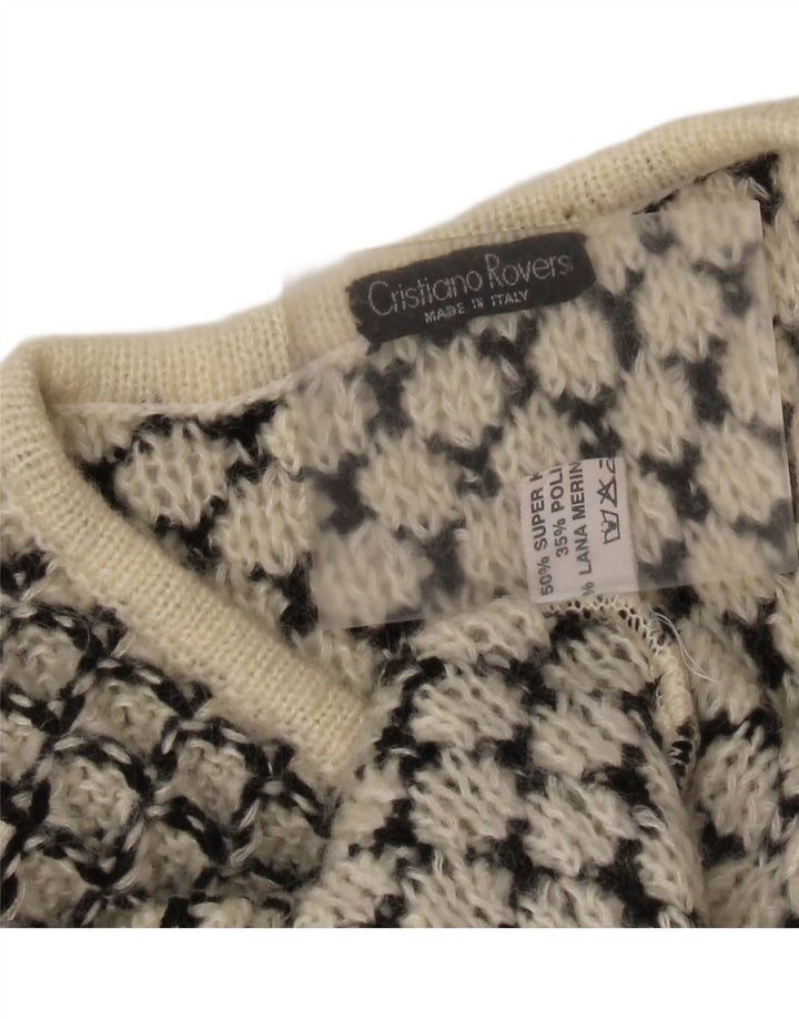 Vintage Womens V-Neck Jumper Sweater UK 14 Medium Off White Geometric