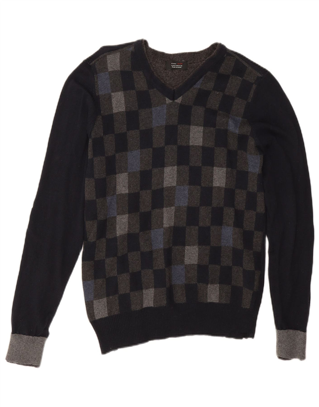 Zara Mens V-Neck Jumper Sweater Medium Black Geometric Cotton