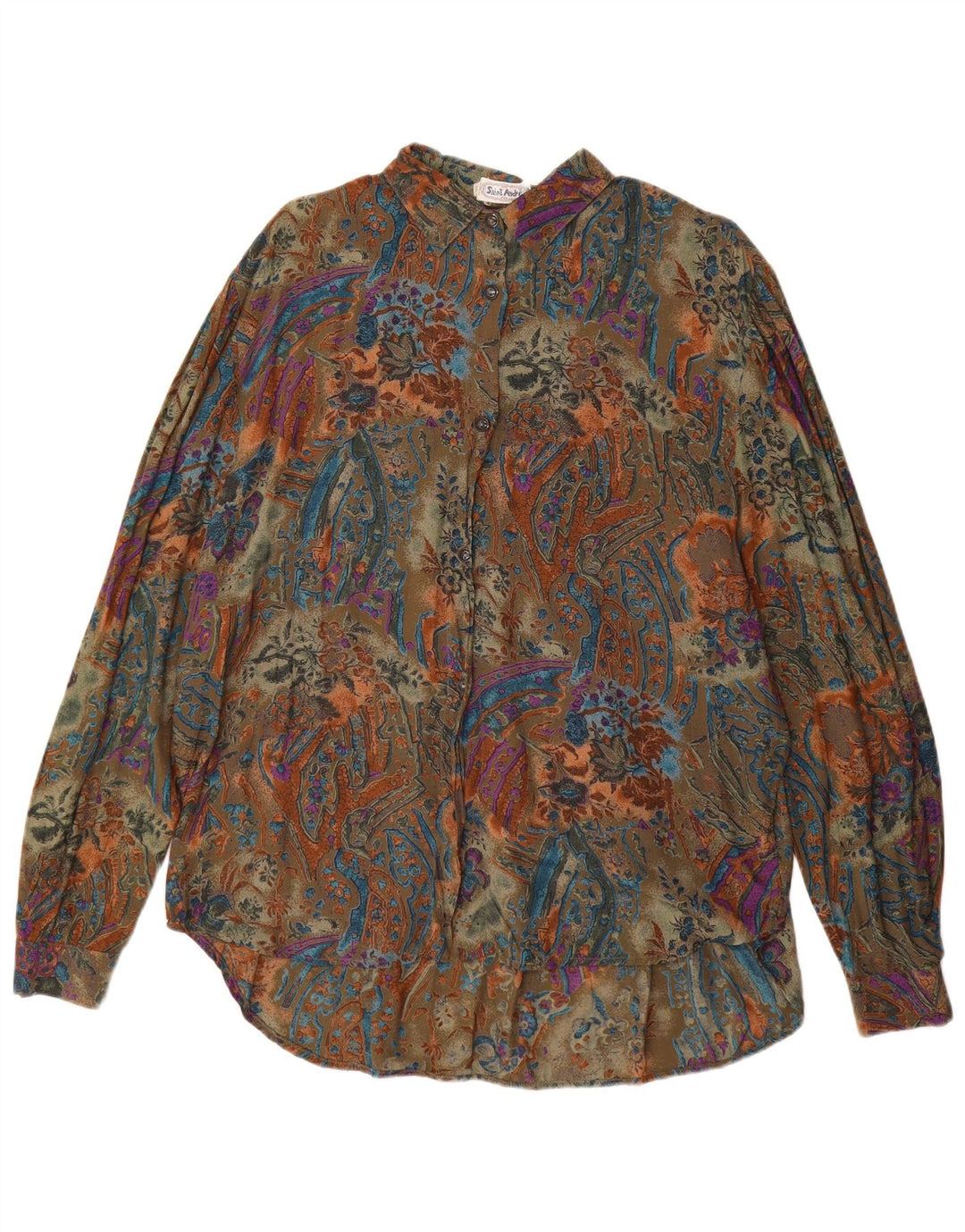 Vintage Womens Longline Oversized Shirt Blouse UK 14 Medium Green Paisley