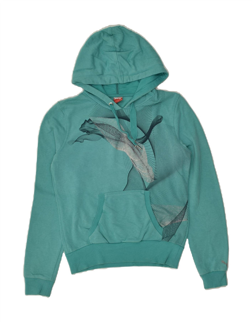 PUMA Womens Graphic Hoodie Jumper UK 10 Small Turquoise Cotton | Vintage Puma | Thrift | Second-Hand Puma | Used Clothing | Messina Hembry 