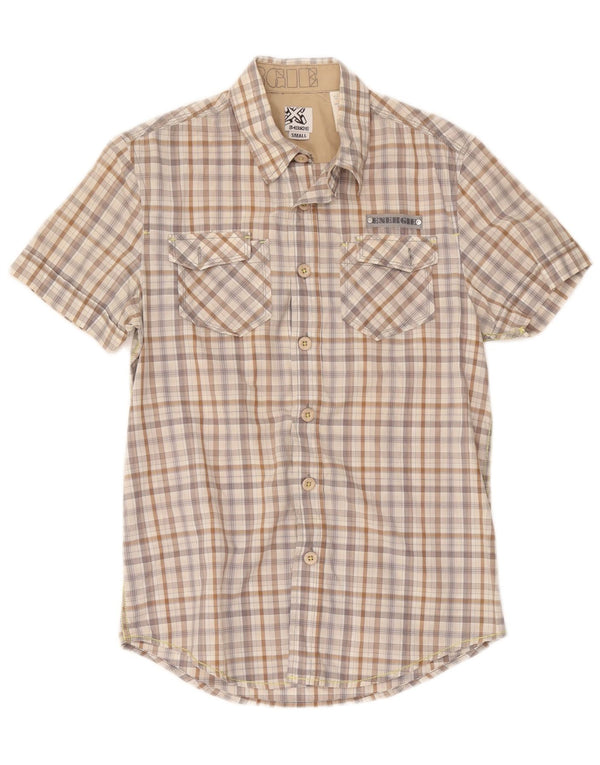 Energie Mens Short Sleeve Shirt Small Beige Check Cotton